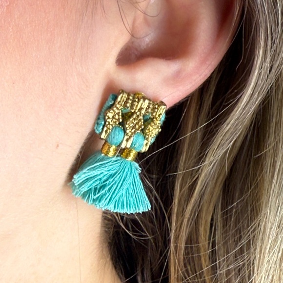Elegant Teal Tassel Earrings with Gold Details